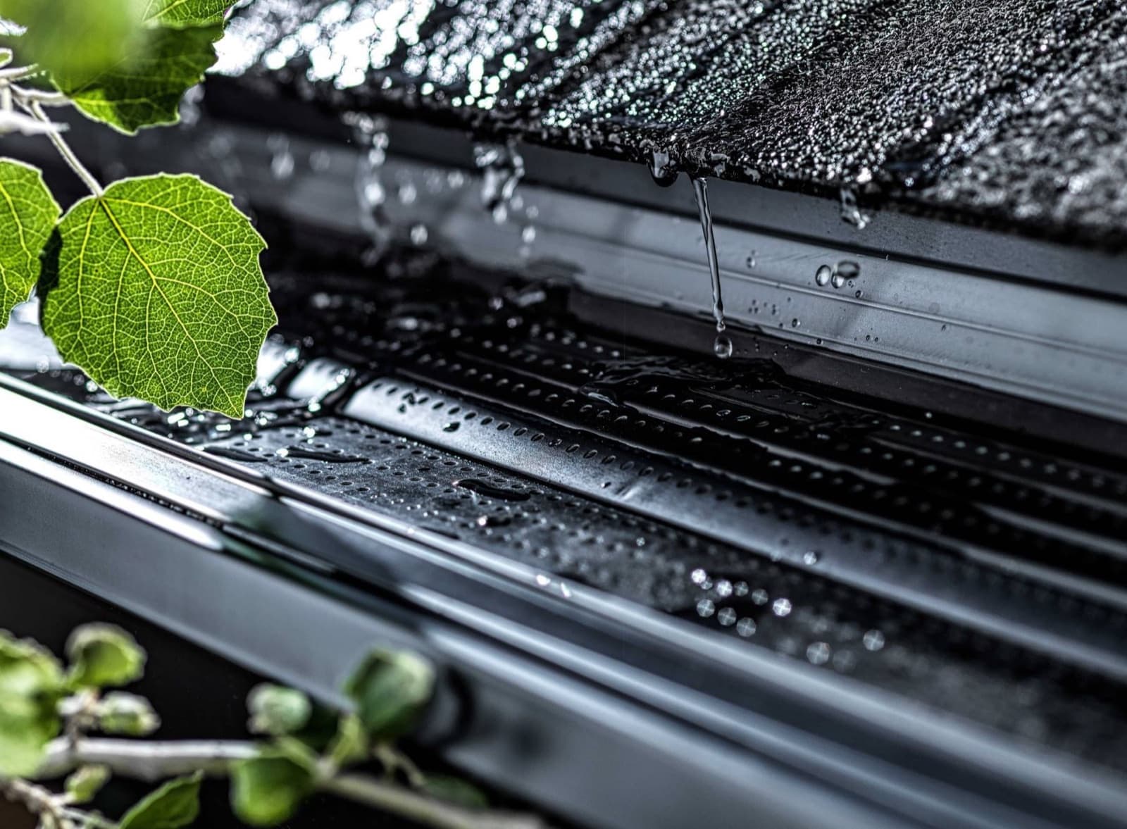 Rain flowing over a black Alu-Rex gutter guard — water drains through the perforations, leaves stay out