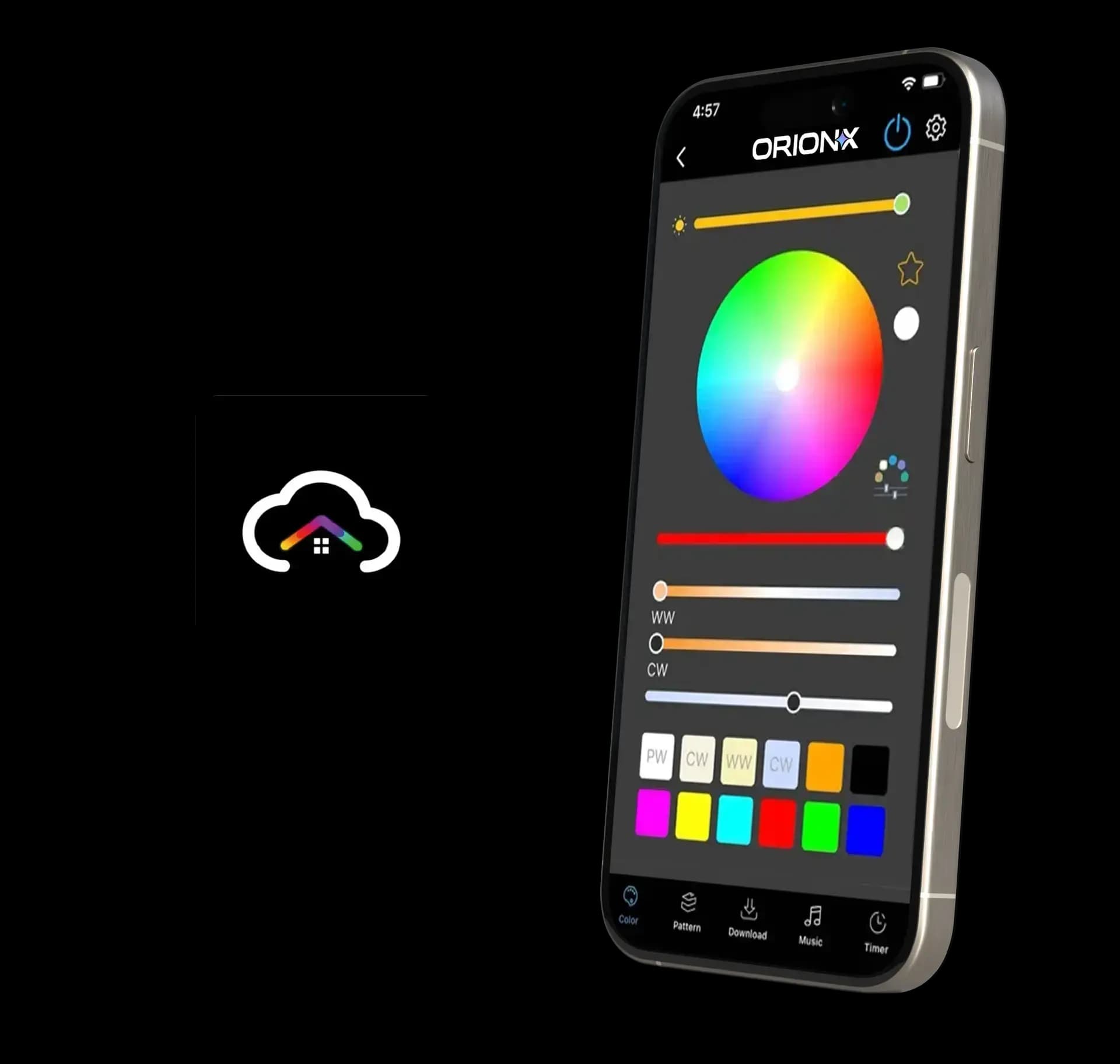 OrionX app on a phone — colour wheel, warm/cool white sliders, pattern, music and timer tabs