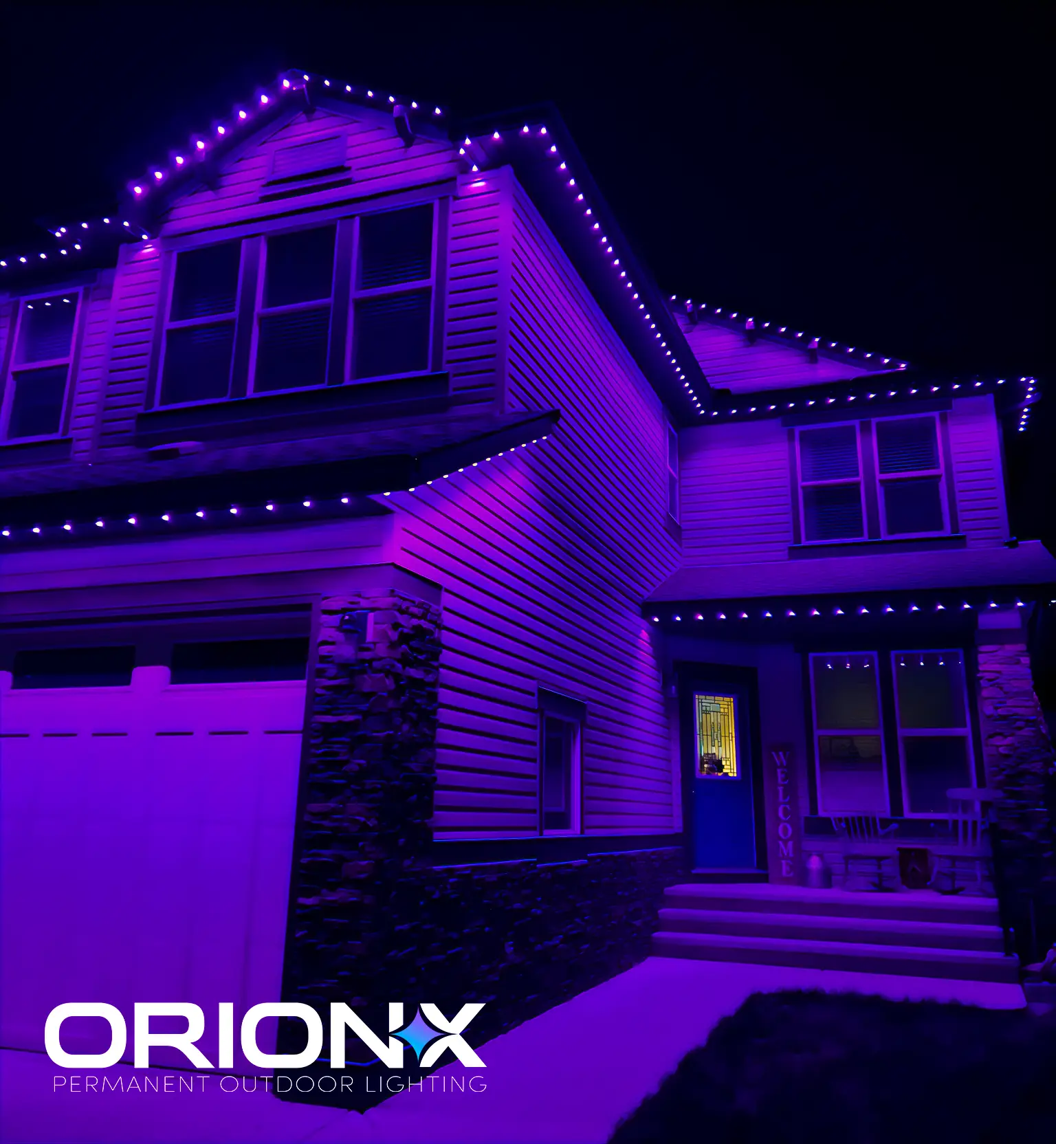 House in deep purple Halloween lighting